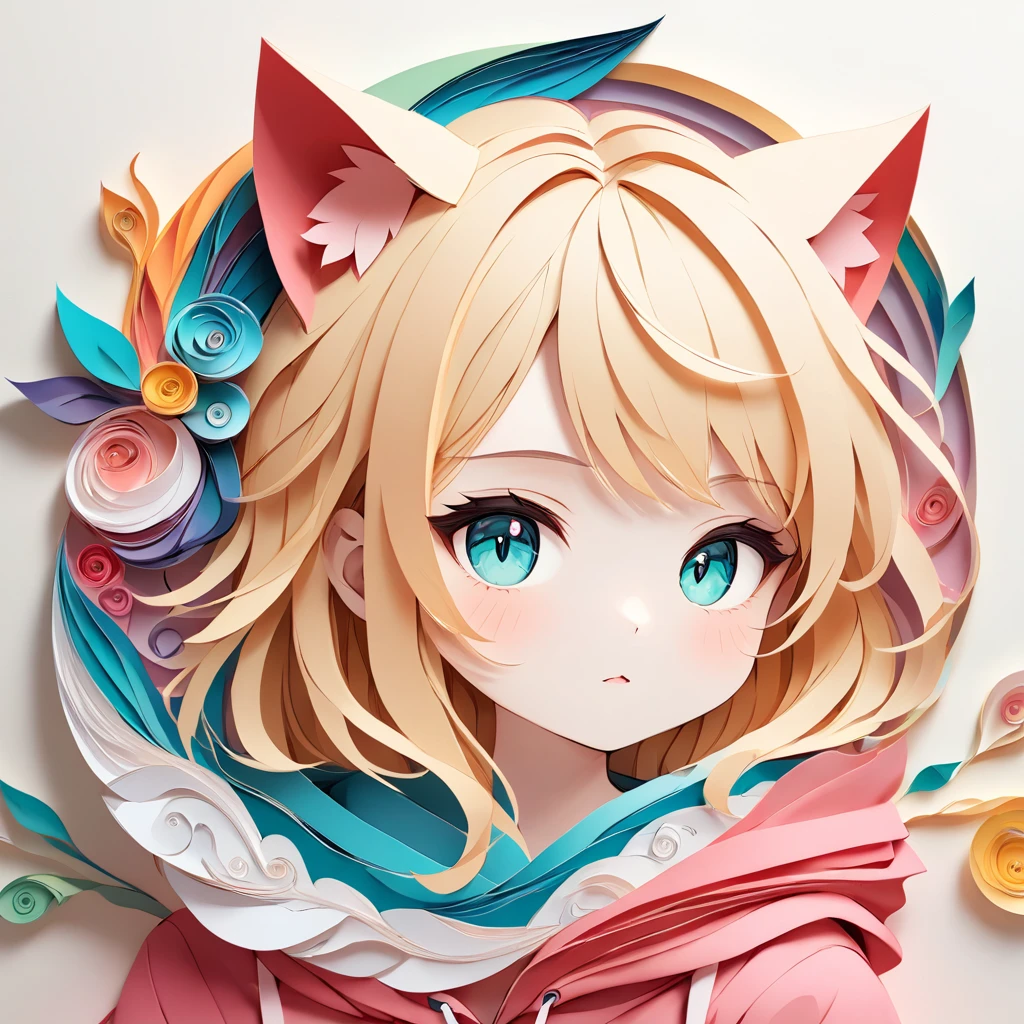 Cat ears of the same color as the hair、Paper cutting art,(Flat paper cutout,Paper Art,layered Paper Art,Paper Quilting, Digital Art),against a pure white background, girl,Blonde Hair Color、Cat ears of the same color as the hair、Turquoise Eyes、Pink short sleeve hoodie、(Attention to detail, masterpiece, Highest quality, Ultra-high resolution)