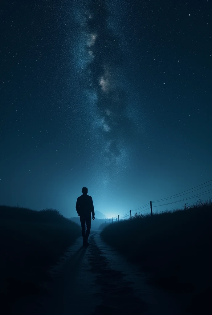 a man walking alone under the dark night sky