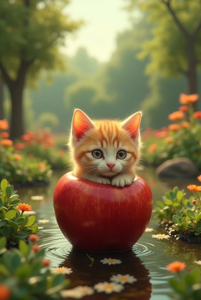 In the middle of the apple is a small apple cat. In the garden 8k ultra image