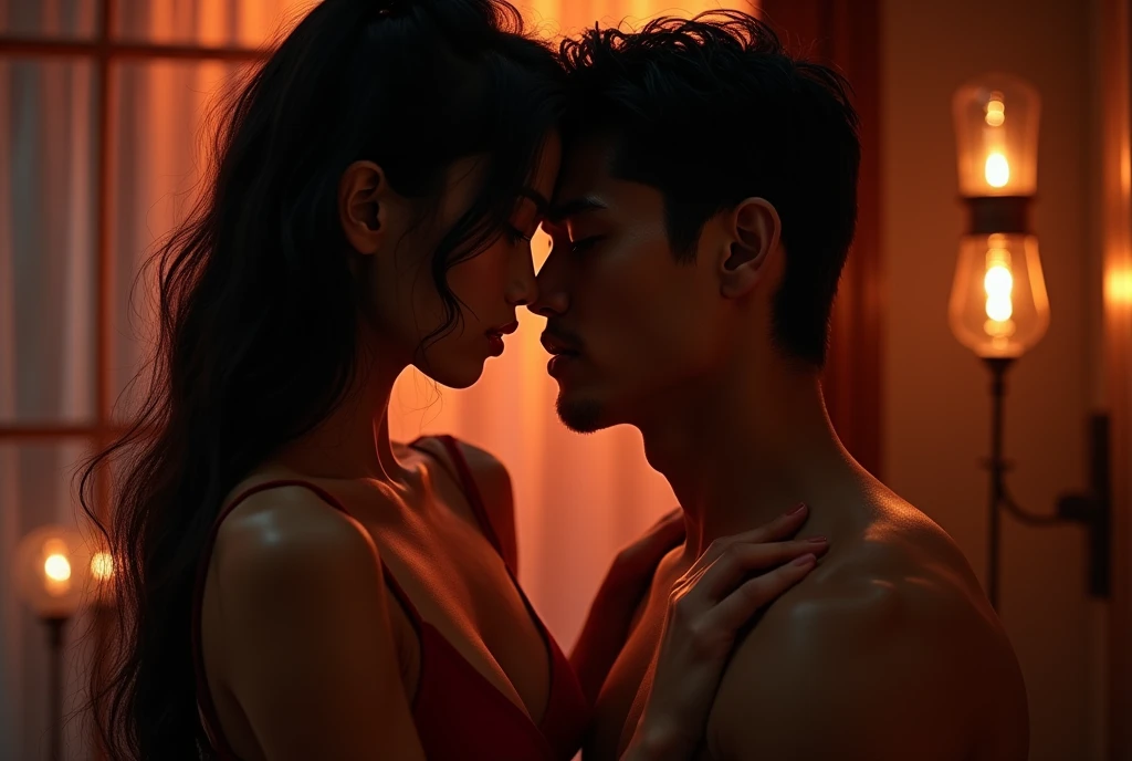 1 athletic asian female, 1 masculine asian male, love making pose, dramatic lighting, detailed facial features, chiaroscuro lighting, cinematic lighting, romantic, sensual, (best quality,4k,8k,highres,masterpiece:1.2),ultra-detailed,(realistic,photorealistic,photo-realistic:1.37),cinematic composition,moody colors,dramatic shadows,warm lighting,intimate,passionate, full body, full body