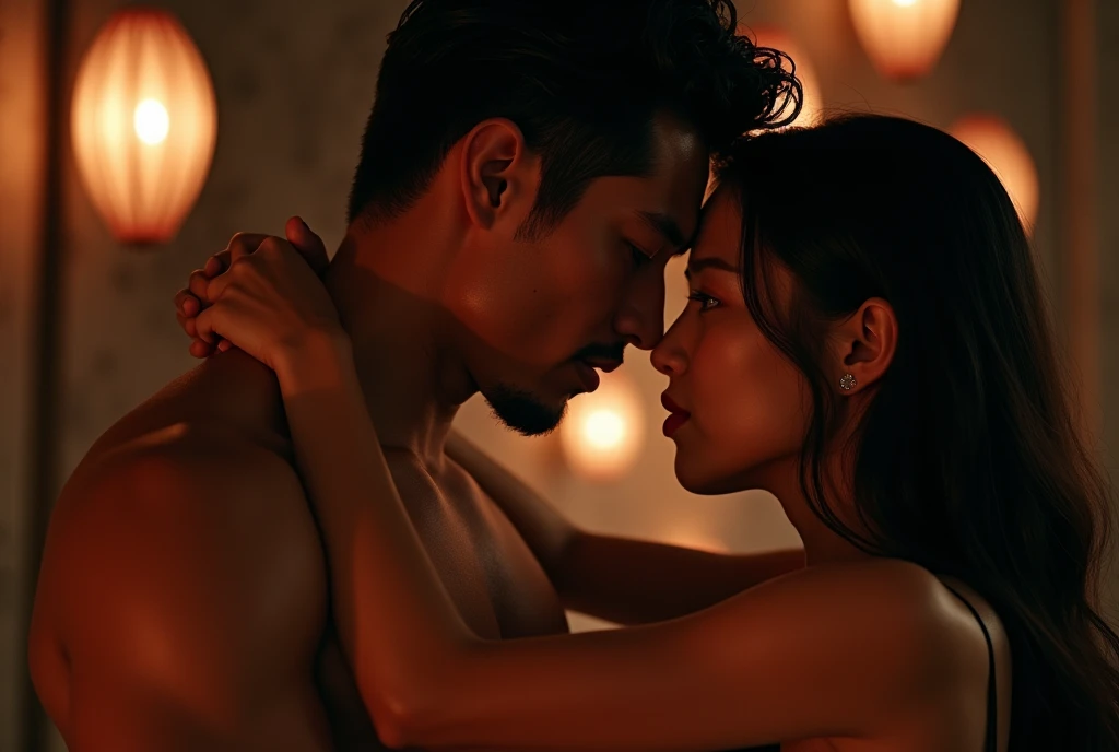 1 athletic asian female, 1 masculine asian male, love making pose, dramatic lighting, detailed facial features, chiaroscuro lighting, cinematic lighting, romantic, sensual, (best quality,4k,8k,highres,masterpiece:1.2),ultra-detailed,(realistic,photorealistic,photo-realistic:1.37),cinematic composition,moody colors,dramatic shadows,warm lighting,intimate,passionate, full body, full body