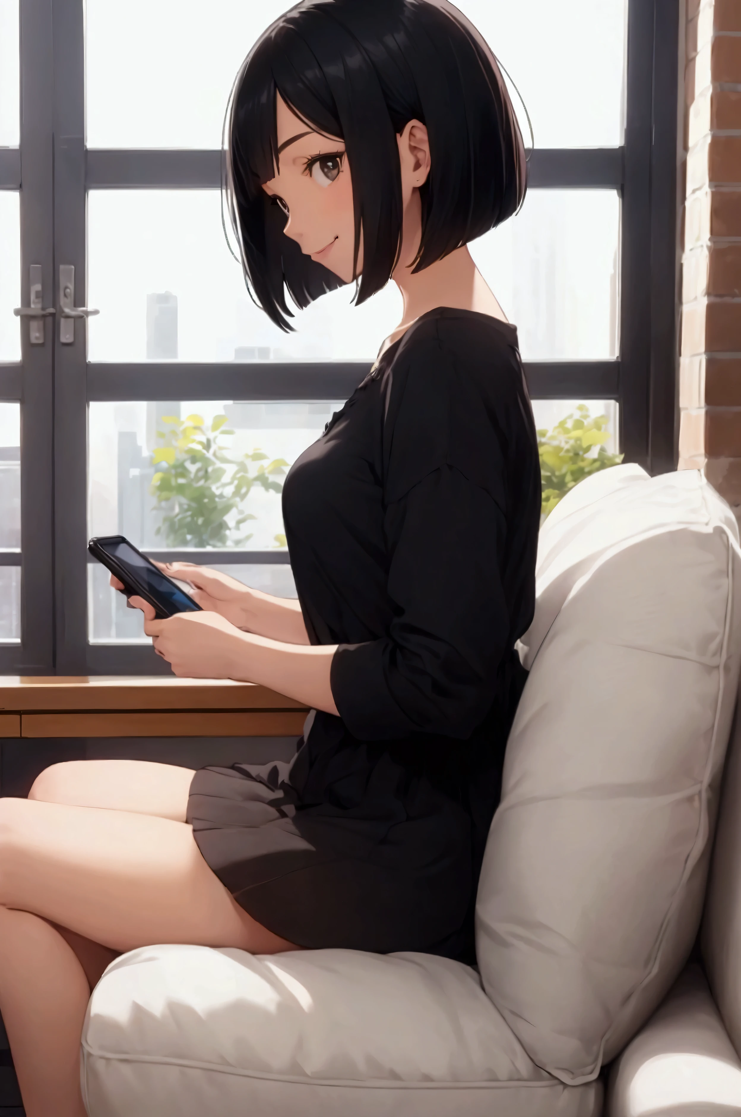 Woman sitting and looking at her smartphone,living room,smile, profile, black hair, bob cut