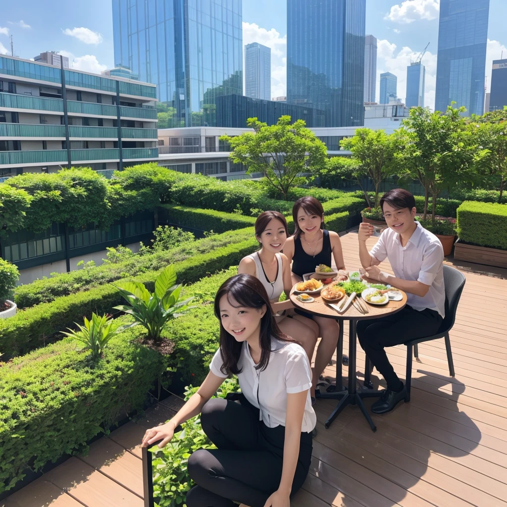 Lunch on the rooftop of the office building, overflowing with greenery。Real。Realistic。