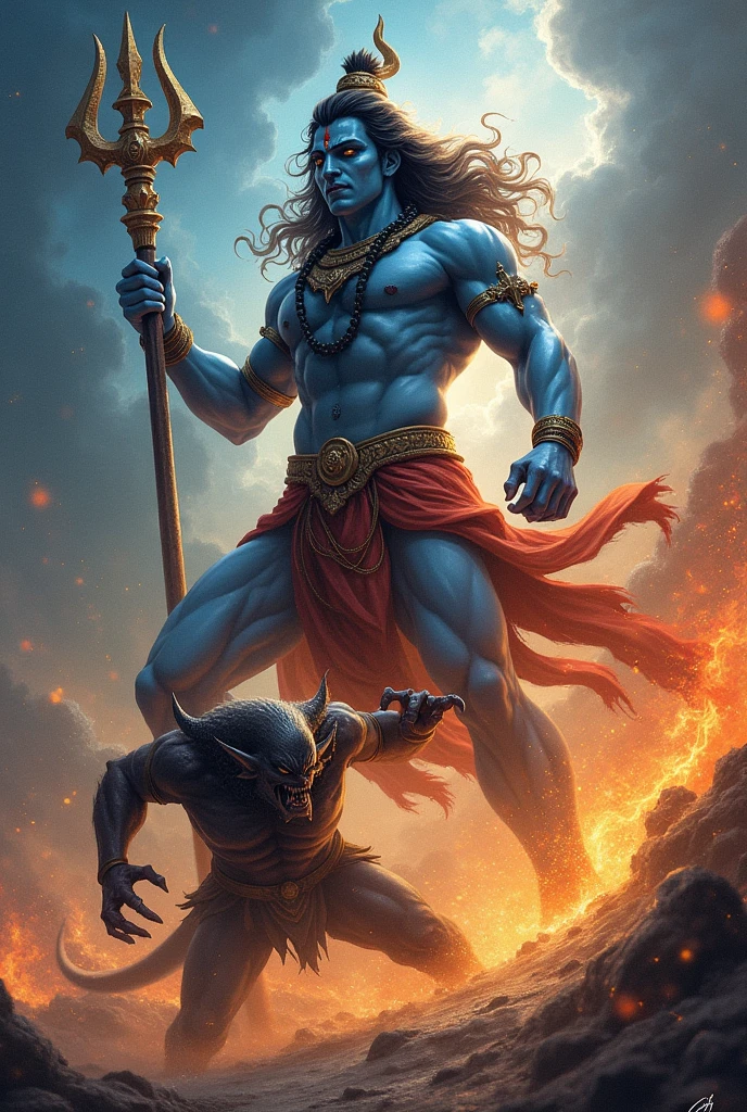 Draw a lord shiva killing a demon with his trident
