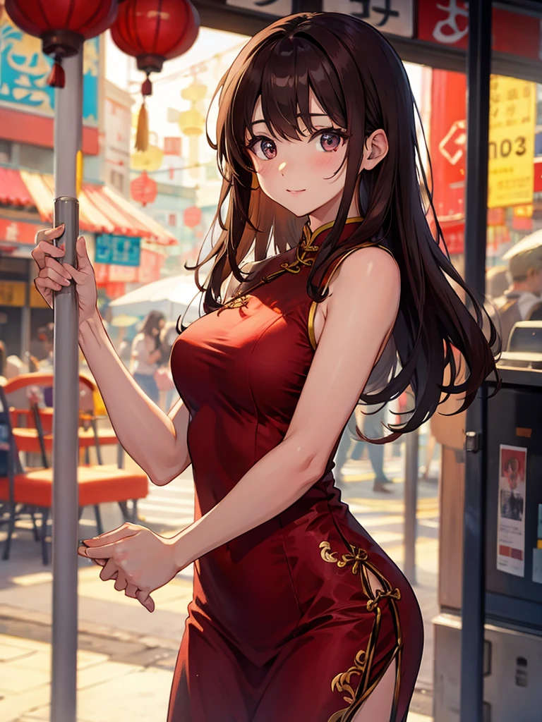 NSFW Cute adult woman in a cheongsam, Chinatown, brown hair, clothes 