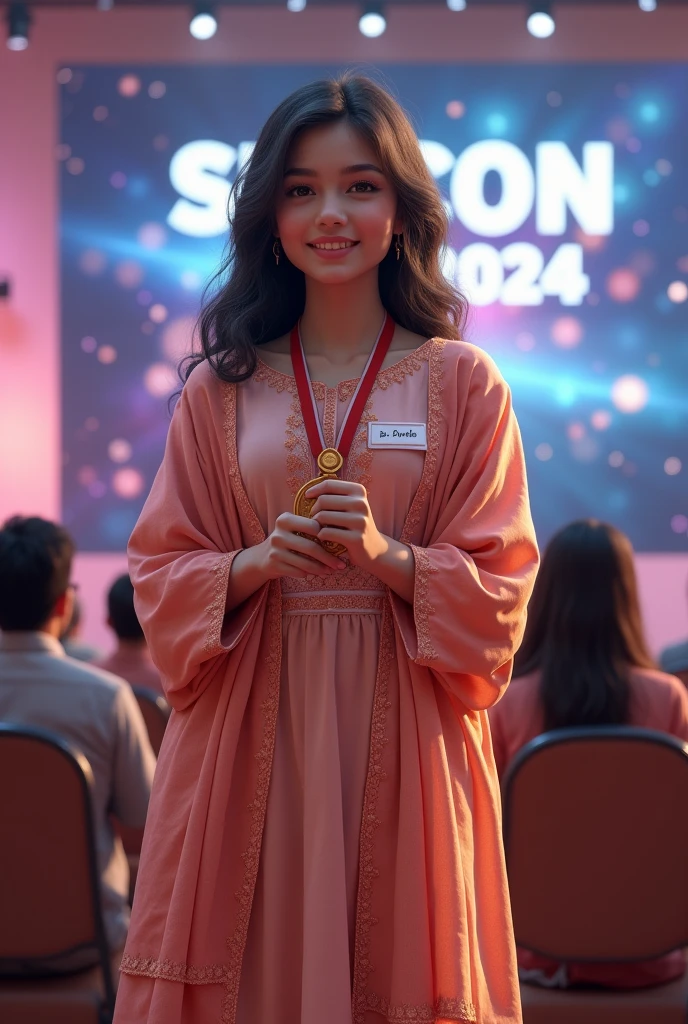 Create a photorealistic image of Dr.Fida (must include name tag Dr.Fida) a young girl wearing a peach chikankari and a shawl around her head winning a medal in psychiatry quiz with a background of a stage on which people are sitting and its written SIPSCON 2024 in the background 