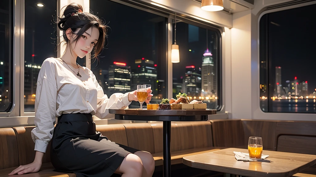 High-resolution images, Atmospheric perspective, 8k, Super Detail, Accurate, Highest quality, Angle from below the table, woman, Droopy eyes, Sleepy face, blush, In the city, busy, skyscraper, skirt, High Boots, Shoulder bag, necklace, restaurant with big windows, Take a seat, (Other customers), Night view, You can see the view of the harbor from the window, food, Put your hair up,