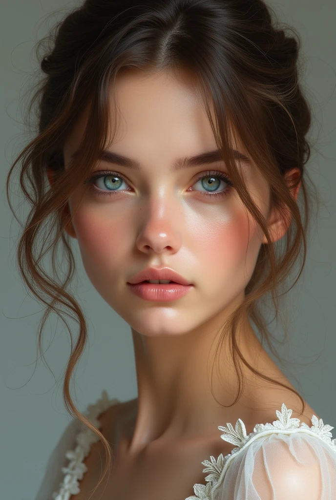 Draw a beautiful woman, blue eyes and light brown hair