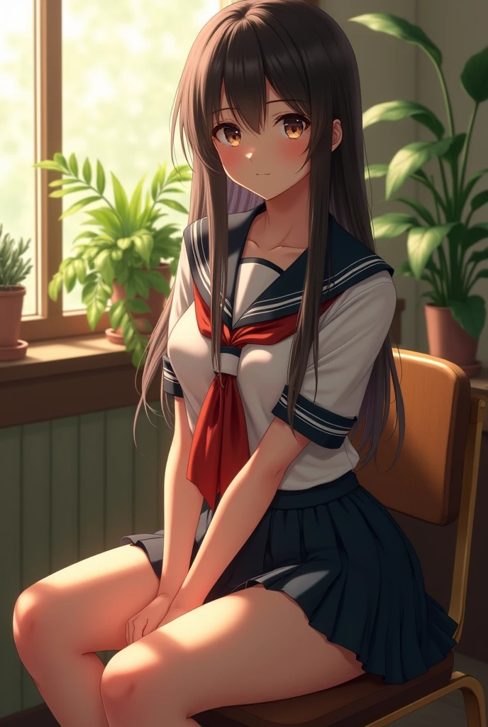 (photorealism:1.2), beautiful woman, sitting on a Chair , wearing female japanese uniform with short skirt, long straight hair, classroom, soft lighting, plants in background, window with sunlight, cozy room, sexy pose, realistic, intricate details
