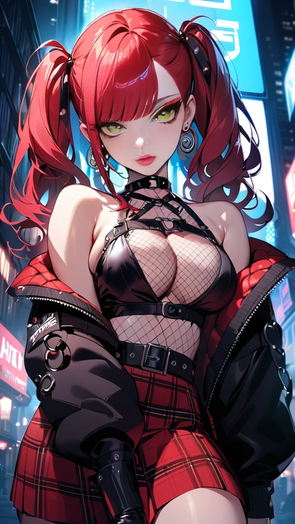 woman, curly red hair in pig tails, green eyes, eye shadow, long black jacket, red plaid skirt, black knee high boots, black finger-less gloves, exposed shoulders, large breasts, freckles, cleavage, fishnet undershirt, looking at viewer, Holo-Punk Style, goth, earrings, eyelashes, jewelry, lips, makeup, cinematic lighting, masterpiece, best quality, in the city