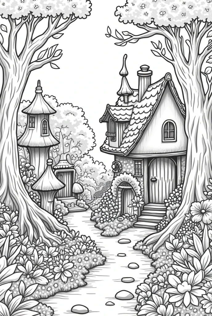 Fairy house coloring book pages nature background black and white high details illustration