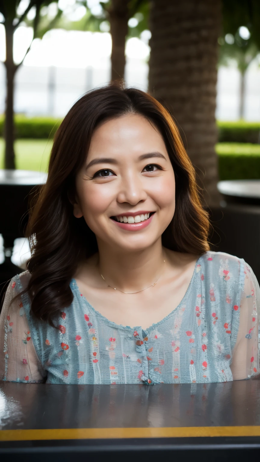 最high quality, In 8K, whole body, Real, Upper Body, high quality, High resolution, Detailed face, Detailed eyes, Thick lips, (Look at the viewers), alone, Middle-aged women, , 60 years old, , Wavy Hair, , Wearing short sleeves, Standing in front of a fountain, Wrinkles around the eyes, Smiling with teeth showing, Background Blur