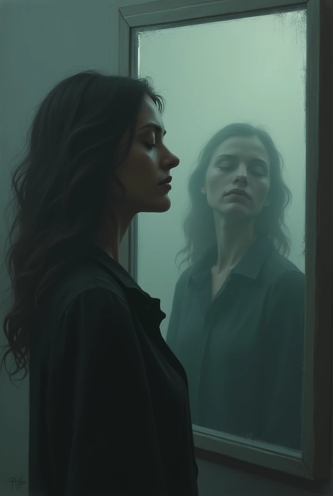 Self-portrait with closed eyes in front of a foggy mirror
