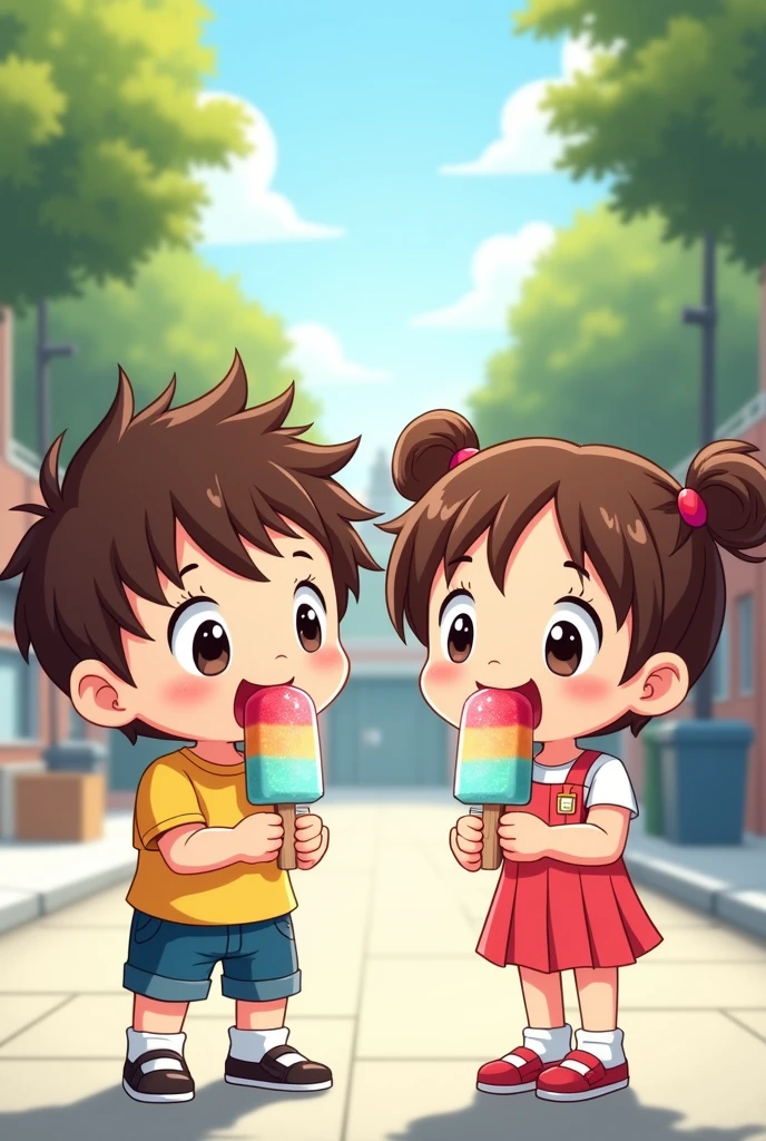 Chibi cartoon drawing of two school children eating popsicles.