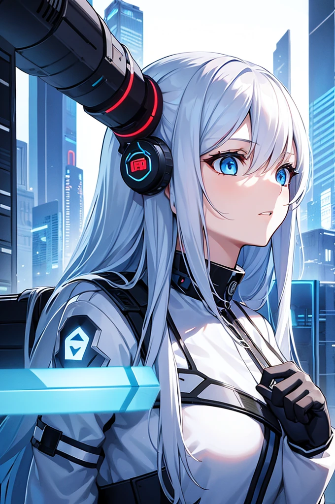 girl with white long hair and blue eyes, cyberpunk outfit, Staring upwards, white background