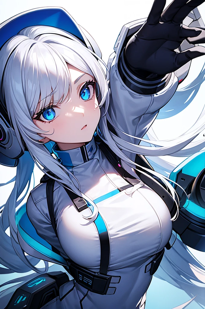 girl with white long hair and blue eyes, cyberpunk outfit, Staring upwards, white background