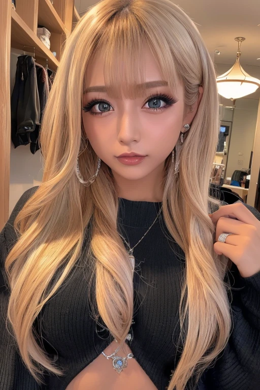 (Highest quality、4K、8k、High resolution、masterpiece:1.2)、Very detailed、(Genuine、Realistic、Realistic:1.3)、Many piercings all over the body、Japanese Gal、blonde、Gal Makeup、Gal Fashion、
