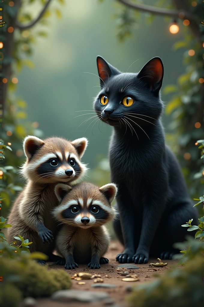 2 raccoons and a black cat