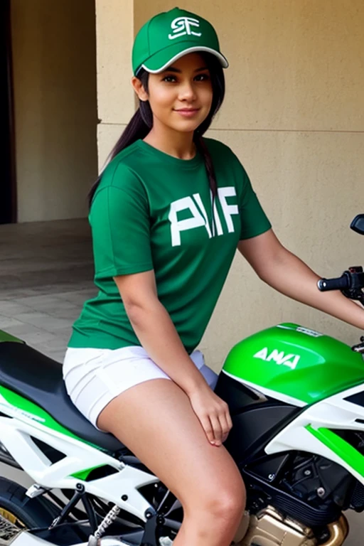 A woman wearing a green and white full pent shirt sitting on a heavy black racing motorbike and has a cap on her head that covers her face and written Fazi on her Shirt