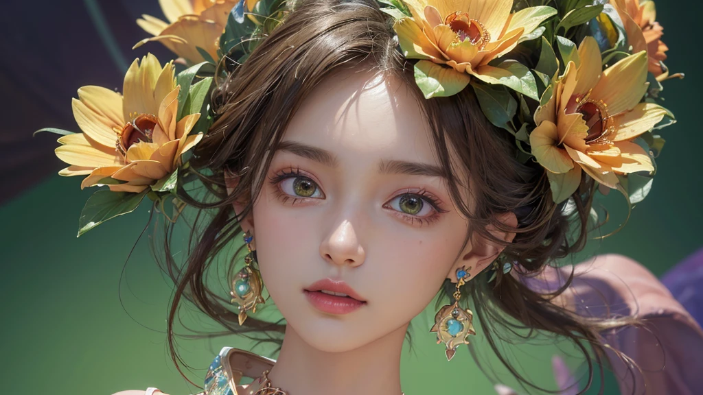 32K, 最高quality, 最高masterpiece, (ultra-Detailed Background, Detailed Background), High resolution, Super detailed, Very detailedな, One girl, (bouquet:1.3), (Tangled:1.2), (Geometric:1.2),(colorful),(masterpiece, quality, best quality, Official Art, Beautiful and beautiful:1.2), (1 girl:1.3), Very detailed,(colorful:1.1)(Flowers:1.3),Most detailed,(Tangled:1.2), whole body, (Abstract background:1.3), (Skin glows), (Many colors:1.4), ,(Earrings Jewelry:1.5), Light green background,
