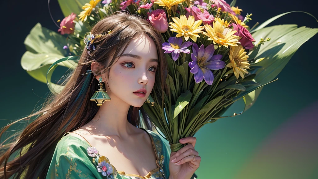 32K, 最高quality, 最高masterpiece, (ultra-Detailed Background, Detailed Background), High resolution, Super detailed, Very detailedな, One girl, (bouquet:1.3), (Tangled:1.2), (Geometric:1.2),(colorful),(masterpiece, quality, best quality, Official Art, Beautiful and beautiful:1.2), (1 girl:1.3), Very detailed,(colorful:1.1)(Flowers:1.3),Most detailed,(Tangled:1.2), whole body, (Abstract background:1.3), (Skin glows), (Many colors:1.4), ,(Earrings Jewelry:1.5), Light green background,