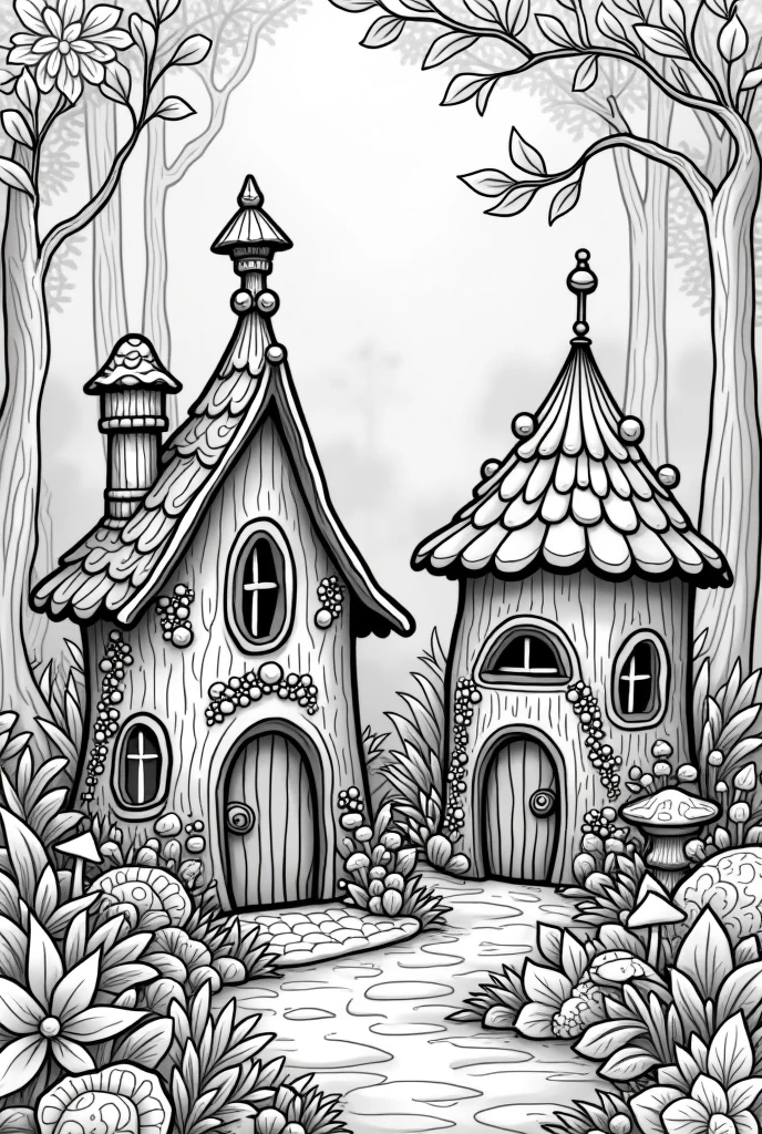 Fairy house coloring book pages nature background black and white high details illustration