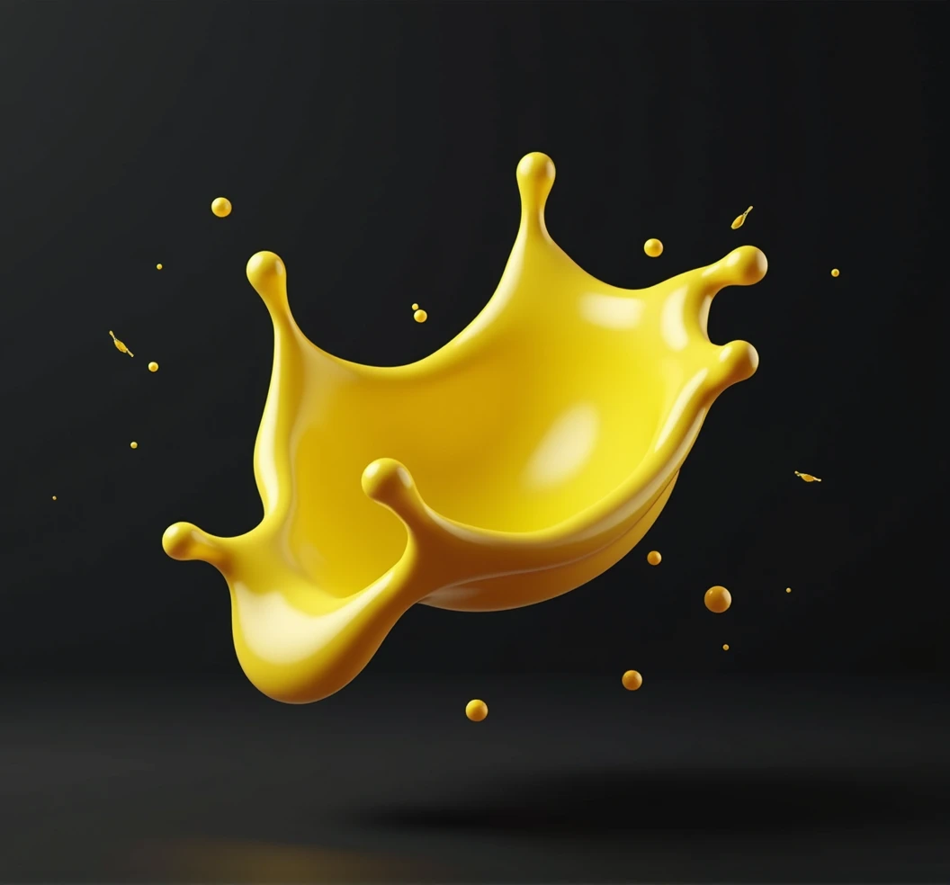 3D rendering of a yellow liquid splash, vibrant and dynamic, suspended in mid-air, perfect for product display or food photography, the liquid forms elegant, fluid shapes with a smooth, glossy texture, isolated against a clean black background, the bright yellow color is eye-catching and exudes freshness, subtle reflections and highlights enhance the depth and realism, capturing the essence of movement and energy, ideal for showcasing products in a modern and stylish way