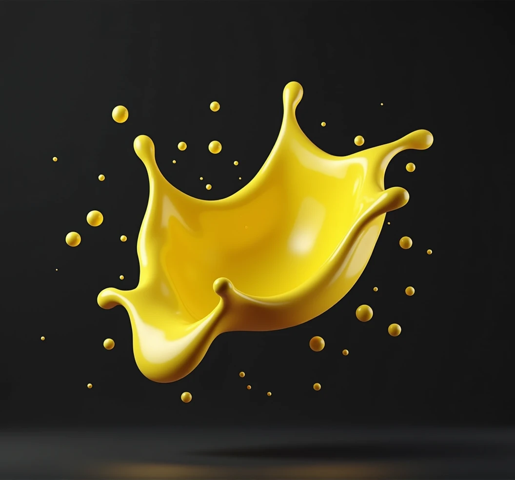3D rendering of a yellow liquid splash, vibrant and dynamic, suspended in mid-air, perfect for product display or food photography, the liquid forms elegant, fluid shapes with a smooth, glossy texture, isolated against a clean black background, the bright yellow color is eye-catching and exudes freshness, subtle reflections and highlights enhance the depth and realism, capturing the essence of movement and energy, ideal for showcasing products in a modern and stylish way