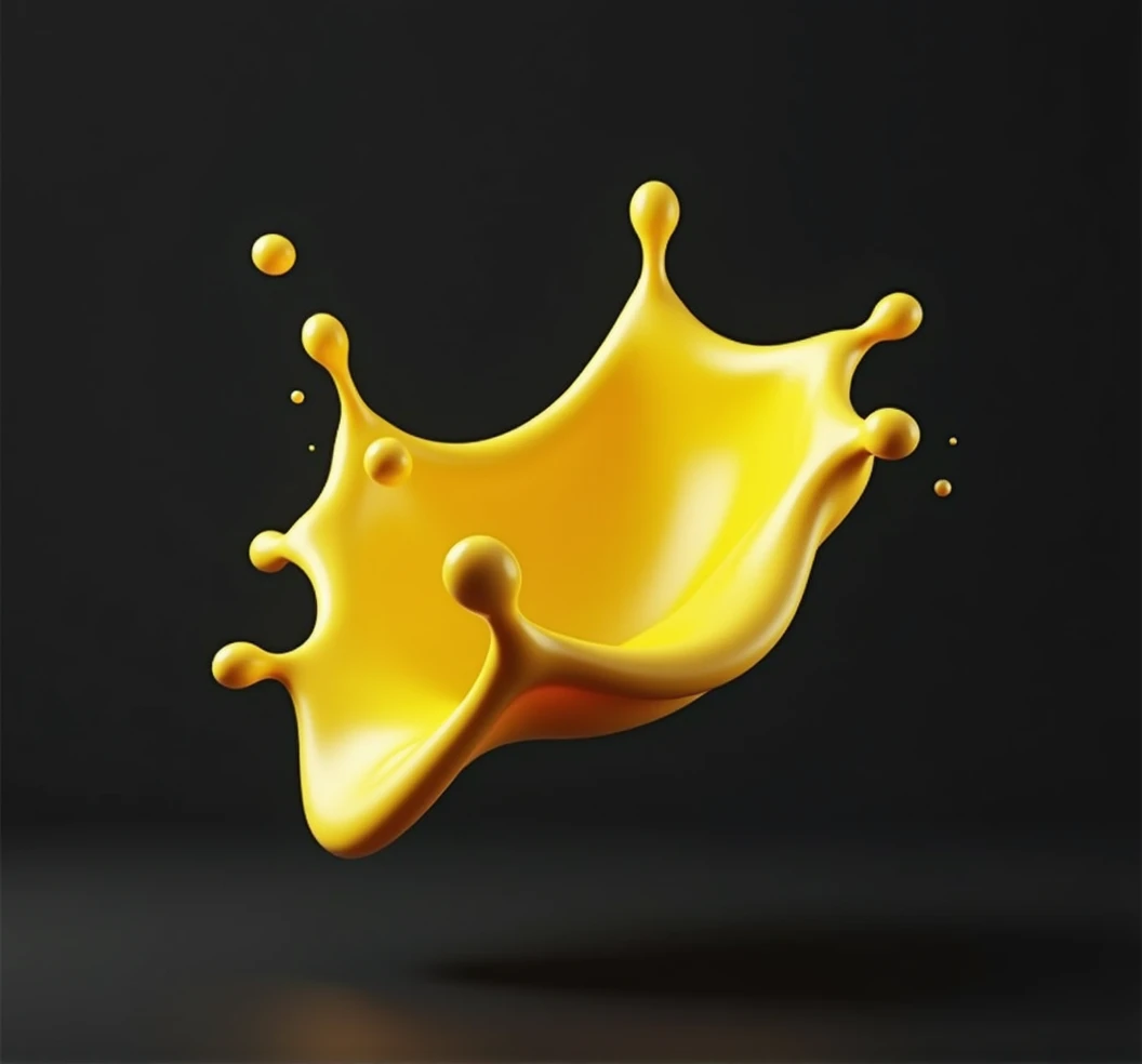 3D rendering of a yellow liquid splash, vibrant and dynamic, suspended in mid-air, perfect for product display or food photography, the liquid forms elegant, fluid shapes with a smooth, glossy texture, isolated against a clean black background, the bright yellow color is eye-catching and exudes freshness, subtle reflections and highlights enhance the depth and realism, capturing the essence of movement and energy, ideal for showcasing products in a modern and stylish way