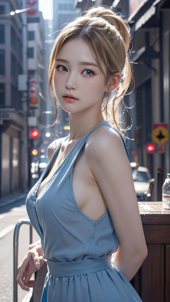 masterpiece, best quality, Bubbles, blue dress, blonde pigtails, pretty face, insanely detailed eyes, intense look, fighting pose, destroyed city, distant fires, rising smoke, 