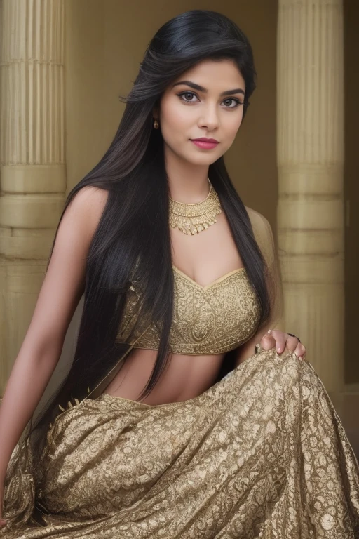 (best quality,4k,8k,highres,masterpiece:1.2),ultra-detailed,(realistic,photorealistic,photo-realistic:1.37) a beautiful indian goddess, slim figure, intricate ornate costuming, long flowing hair, provocative pose, deep cleavage, full-length photo, extremely detailed, hyperrealistic, photorealistic, 8k, cinematic lighting, dramatic colors, hindu aesthetic, stunning beauty, masterpiece