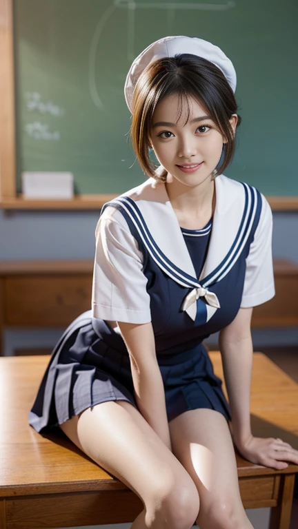 (A gorgeous Japanese idol, age 22 , sitting on the desk in class, wearing seifuku, school uniform, sailor moon, jk uniform, high-school uniform, red ribbon, sailor hat, knee high socks,
Easygoing expressions, kind smile, dimpled chins, cute snaggle-tooth, short bob hair ponytail, symmetrical face, realistic detailed face, beautiful detailed eyes, perfect body proportions, hourglass figure, ample round bosoms, medium breasts,
Raw photo, photorealistic, realistic portrait, hyper-realism, high contrast, ultra HD, realistic skin textures, top image quality, top-quality, super high resolution, fine details, very meticulously, masterpiece, medium shot, close-up shot, cowboy shot, High Angle Shot, bokeh background, SFW, Safe For Work)