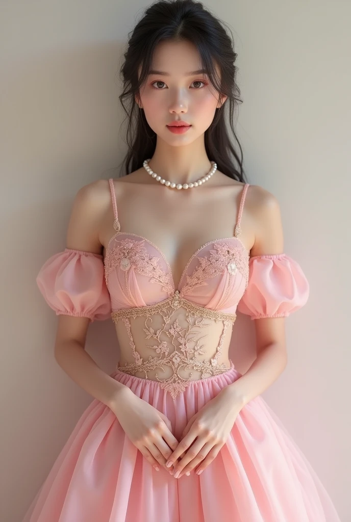 An elegant, mature young woman wearing a pink lolita outfit。Full body front view、Asian、The skin is relatively white、Luxurious clothing、Silky transparent lace on the clothes、Gold wire trim、Jewelry decoration、A pearl necklace hangs around her neck。It's naughty。