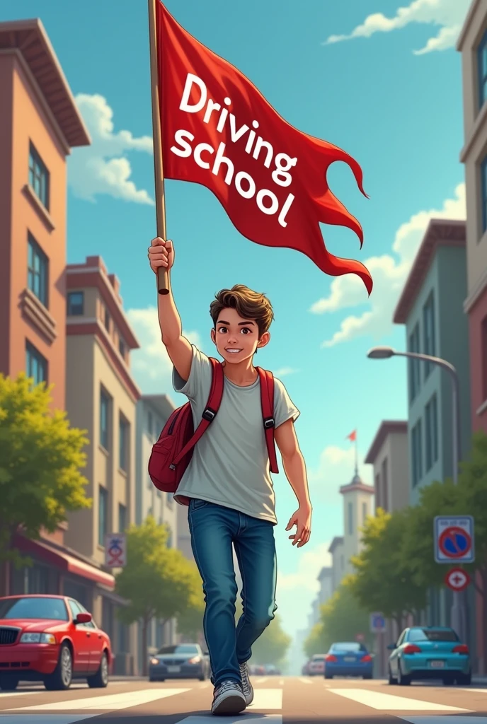 Make a picture of a student carrying a flag and a sign behind it says Driving school