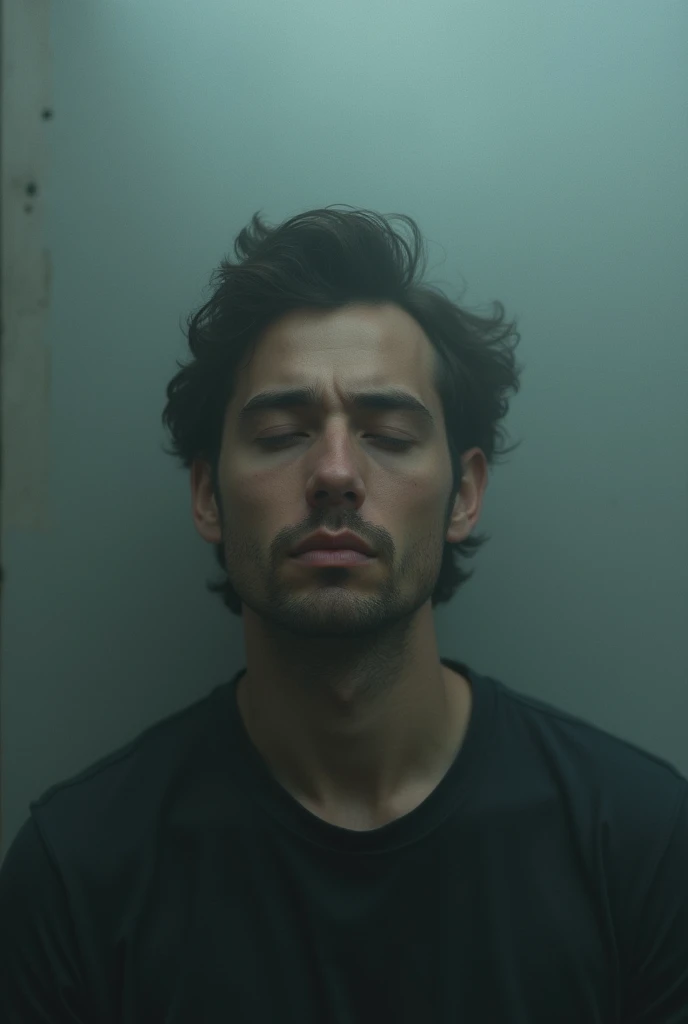 Portrait of a man with closed eyes in front of a foggy mirror