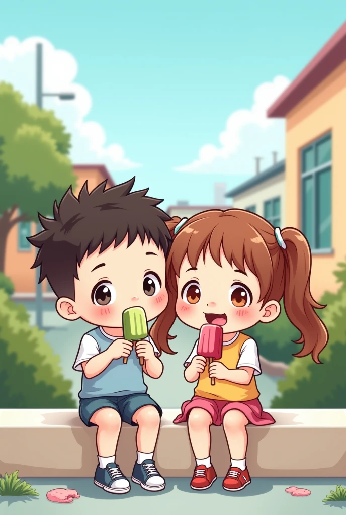 Chibi cartoon drawing of two  eating popsicles.