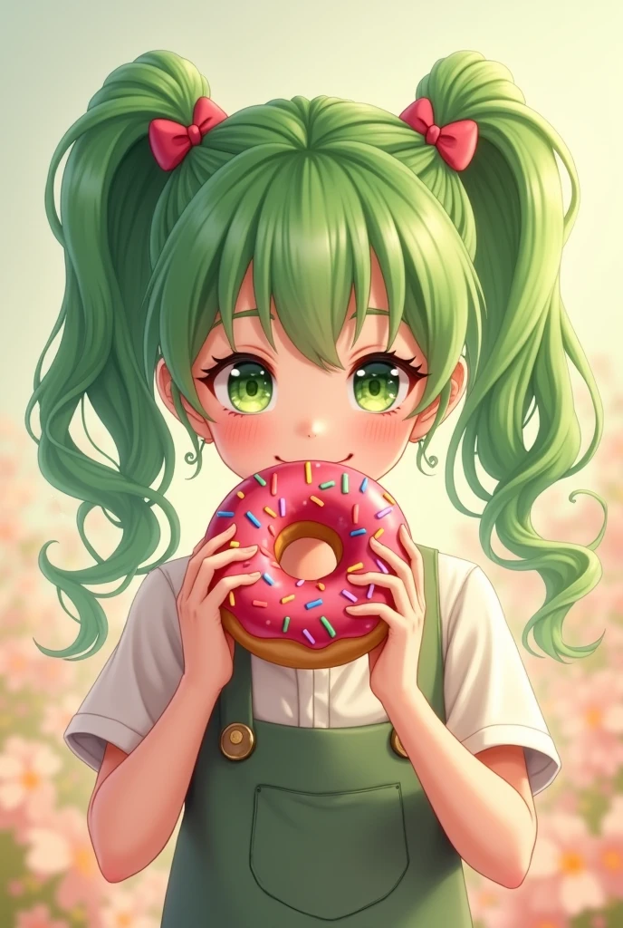 A girl with green hair two pony tail and her donut
