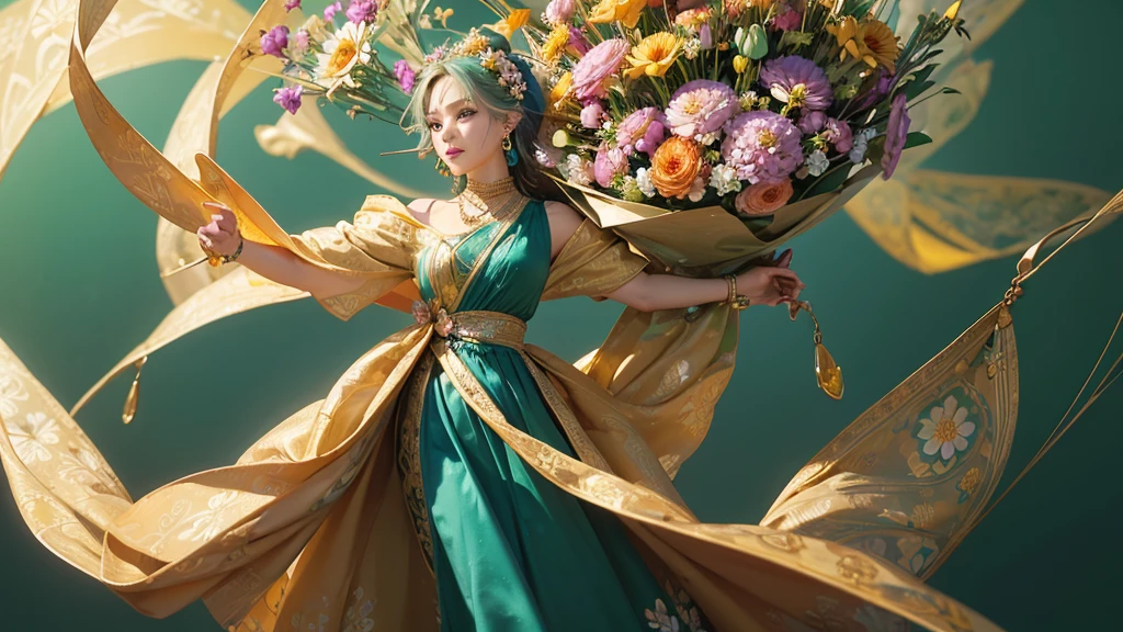 32K, 最高quality, 最高masterpiece, (ultra-Detailed Background, Detailed Background), High resolution, Super detailed, Very detailedな, One girl, (bouquet:1.3), (Tangled:1.2), (Geometric:1.2),(colorful),(masterpiece, quality, best quality, Official Art, Beautiful and beautiful:1.2), (1 girl:1.3), Very detailed,(colorful:1.1)(Flowers:1.3),Most detailed,(Tangled:1.2), whole body, (Abstract background:1.3), (Skin glows), (Many colors:1.4), ,(Earrings Jewelry:1.5), Light green background,