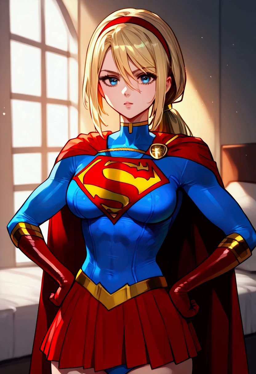 score_9, score_8_up, score_7_up, source_anime, looking at view, standing, both hands own hip, ((((1girl,short stature)))), ((((supergirl/(superman/)))),((official style)), (slender body:1.4), ((((long hair,low ponytail)))), blonde hair, blue eyes, ((((midium breasts)))), pale skin,shiny skin, ((She wears Supergirl costume, a traditional Supergirl blue and red outfit, blue long sleeve shirt, blue panties, red skirt, red gloves, red hairband, superhero, cape)),