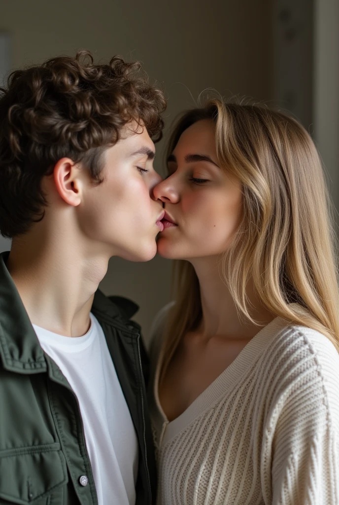 Young boy with mature women kissing