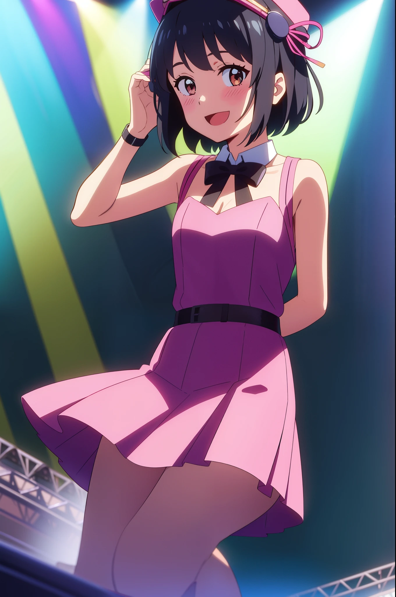 shinkai makoto, kimi no na wa., 1girl, bangs, black hair, blush, brown eyes, perfect face, looking at the viewer, idol costume, detached collar, red ribbon, short hair, solo, shinny skin, smile, cute, open mouth, :D, (masterpiece), best quality, hair ornaments, pink dress, goggles on head, pink skirt, stage, stage lights, crowd