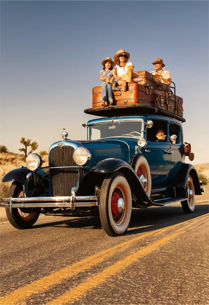 1930s america, route 66, california dream, family on road trip in vintage sedan car, roof loaded with luggage, clear sky, old car on highway, camera low angle near road, professional camera, professional lighting, cinematic, golden hour, nostalgic, warm colors, cinematic lighting, atmospheric, detailed vintage car, detailed family portraits, highly detailed, photorealistic, 8k, best quality