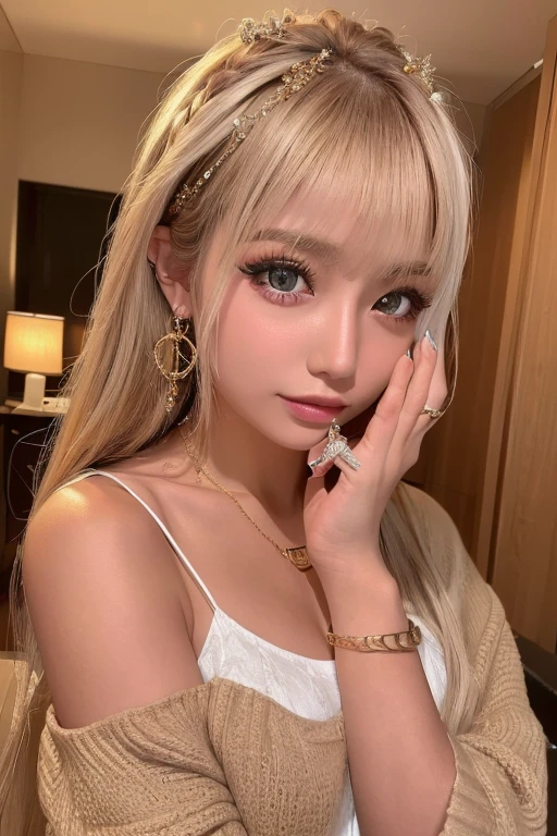 (Highest quality、4K、8k、High resolution、masterpiece:1.2)、Very detailed、(Genuine、Realistic、Realistic:1.3)、Many piercings all over the body、Japanese Gal、blonde、Gal Makeup、Gal Fashion、Gold Bracelets、Gold Necklace