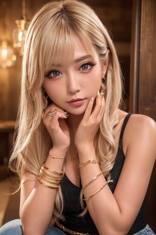 (Highest quality、4K、8k、High resolution、masterpiece:1.2)、Very detailed、(Genuine、Realistic、Realistic:1.3)、Many piercings all over the body、Japanese Gal、blonde、Gal Makeup、Gal Fashion、Gold Bracelets、Gold Necklace