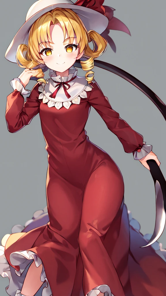 a drawing of an anime character in a red dress and boots with a large scythe, ((high end)), (UHD picture), (best quality,4k,8k,highres,masterpiece:1.2), top-quality(​masterpiece), top-quality, ultra-detailed, highly detailed texture, intricate details, high quality textures, masterpiece, best quality, perfect quality, perfect anatomy, perfect body, perfect symmetrical face, perfect hands, perfect feet, (two arms:1.2), (two legs:1.2), (five fingers each:1.2), (perfect joint:1.2), perfect joint movement, precise fingers and hands, 1 beautiful girl, 1 girl, alone, solo, , , (((loli))), ((cldish)), hat, white hat, blonde hair, long hair, parted bangs, drill hair, well-formed face, yellow eyes, maxi dress, red dress, dress, long sleeves, frills, long skirt, simple background, scythe, holding scythe, holding, white socks, smile, cute face, beautiful, holding scythe