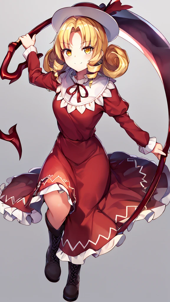 a drawing of an anime character in a red dress and boots with a large scythe, ((high end)), (UHD picture), (best quality,4k,8k,highres,masterpiece:1.2), top-quality(​masterpiece), top-quality, ultra-detailed, highly detailed texture, intricate details, high quality textures, masterpiece, best quality, perfect quality, perfect anatomy, perfect body, perfect symmetrical face, perfect hands, perfect feet, (two arms:1.2), (two legs:1.2), (five fingers each:1.2), (perfect joint:1.2), perfect joint movement, precise fingers and hands, 1 beautiful girl, 1 girl, alone, solo, , , (((loli))), ((cldish)), hat, white hat, blonde hair, long hair, parted bangs, drill hair, well-formed face, yellow eyes, maxi dress, red dress, dress, long sleeves, frills, long skirt, simple background, scythe, holding scythe, holding, white socks, smile, cute face, beautiful, holding scythe