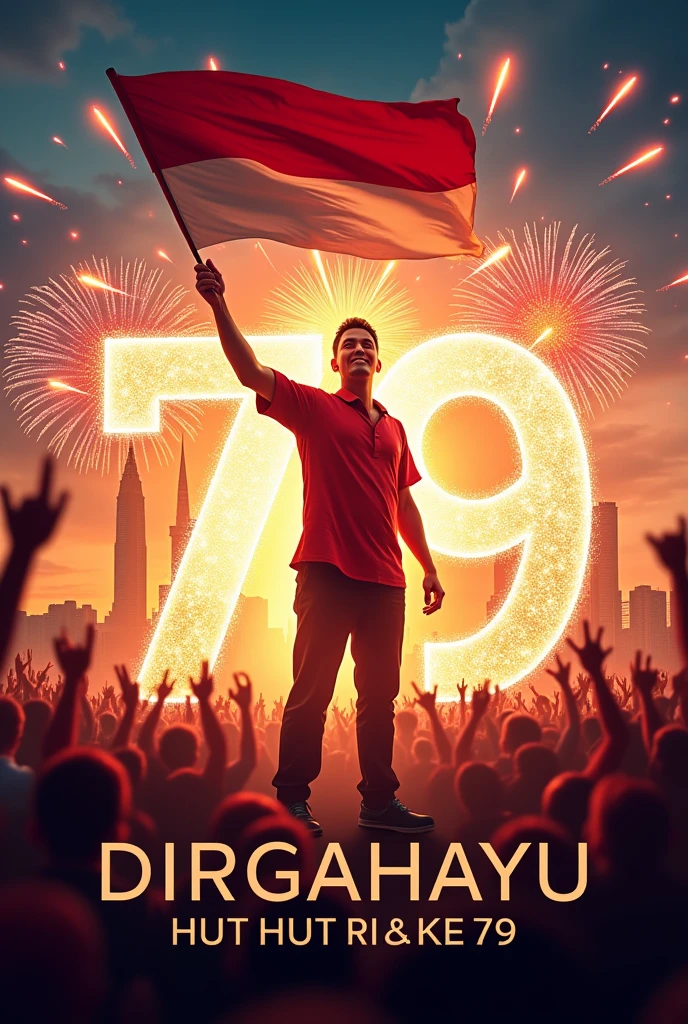 "Create a vibrant and dynamic poster featuring a proud, Indonesian man celebrating the 79th Indonesian Independence Day (DIRGAHAYU HUT RI KE 79). The man is standing confidently, holding a large Indonesian flag in one hand, waving it with energy. He is wearing a traditional red and white outfit that symbolizes Indonesia’s national colors. The background is filled with fireworks, the iconic Monas (National Monument) of Jakarta, and cheering crowds, all bathed in the warm glow of a sunset. The number '79' is prominently displayed in bold, futuristic text with 'DIRGAHAYU HUT RI KE 79' written underneath in an elegant, modern font."