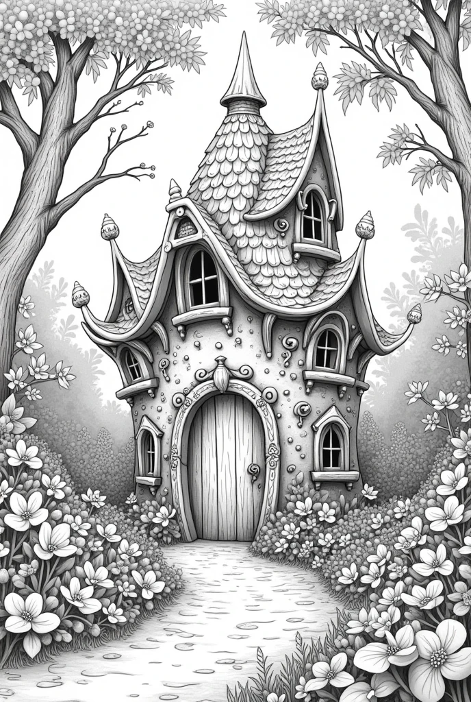 Fairy house coloring book pages nature background black and white high details illustration