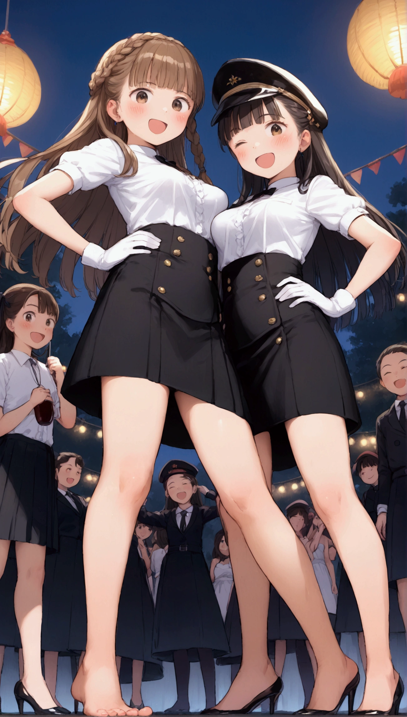 {Highest quality}, {Super beautiful},{Ultra fine},{Best illustration},Brown Hair,Hime cut,long hair,Braid,One woman,Standing Woman,Strike a pose,Adult women,smile,Excited face,Wink,Uniform cap,White Shirt,Short sleeve,long black skirt,White gloves,Night Festival,Blushing,Slender,Black stiletto heels,barefoot,From an angle,From below,Put one hand on your hip,Spread your legs,M-shaped legs