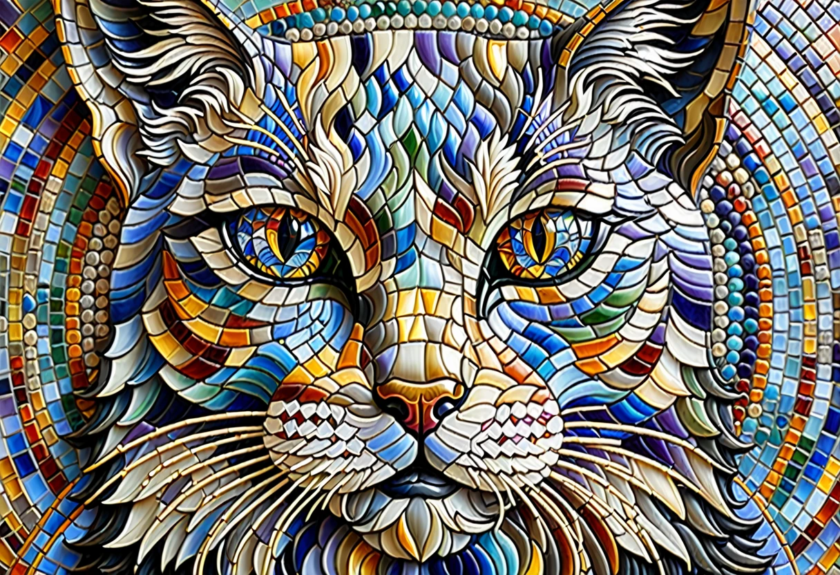 Mosaic tile, mural, god of catsのクローズアップ, god of cats, alex grey cat, Great art, Cat masterpiece, A work of art created with Mosaic tiles in every detail, Cat Details, Visionary art, Cat Cat Dream Cat, Great art, Great art, highly detailed Visionary art, By Eva Švankmajerová, Written by Lee Mi Soo,modern-art